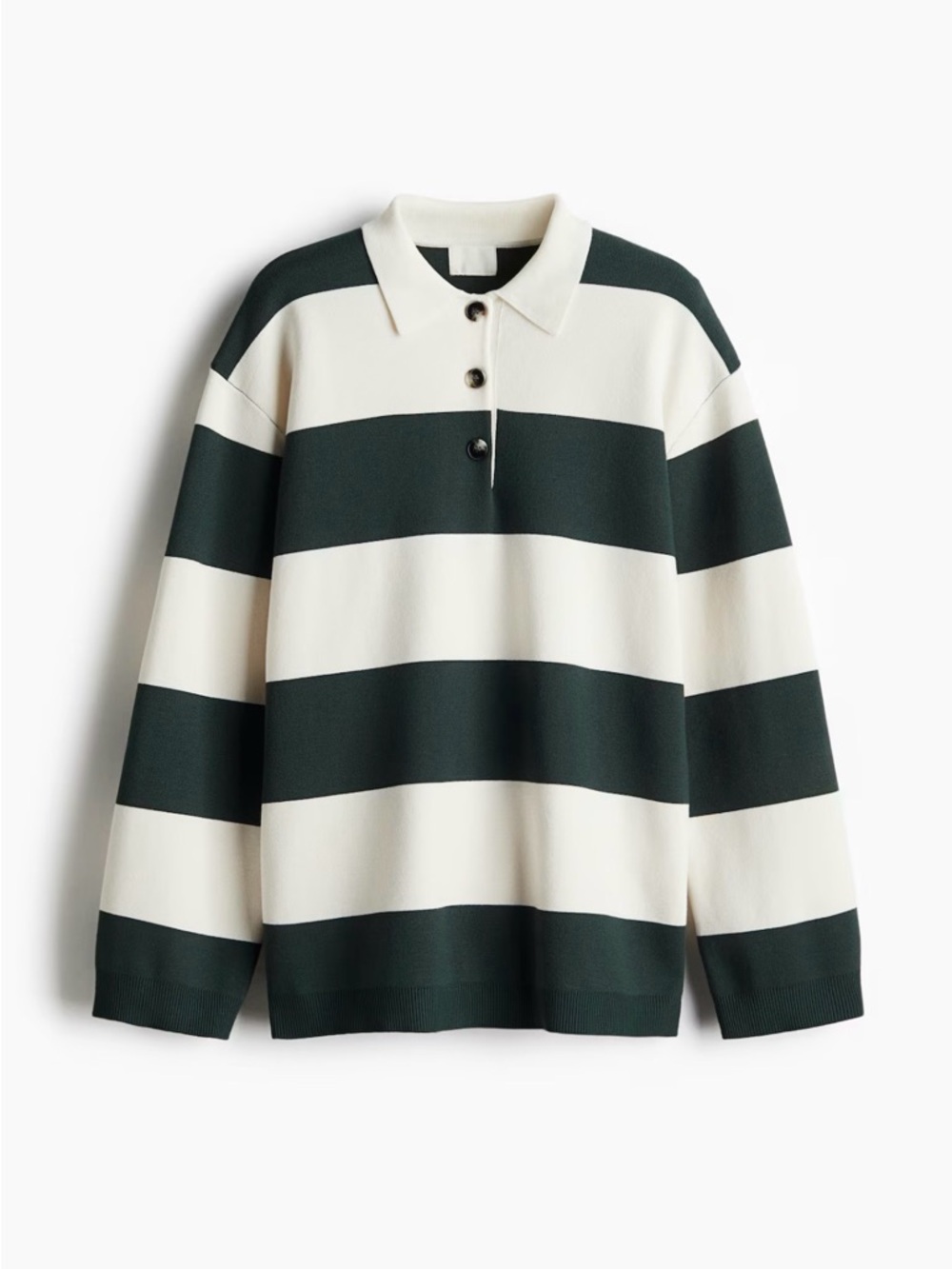 H&M Oversized Long Sleeve Rugby Polo in Dark Green and Cream